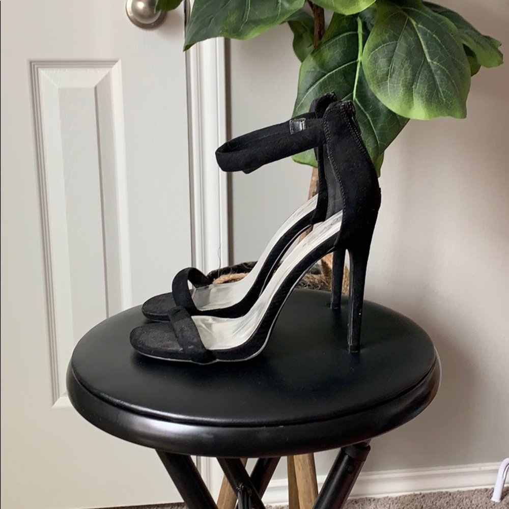 Skinny strap black heels